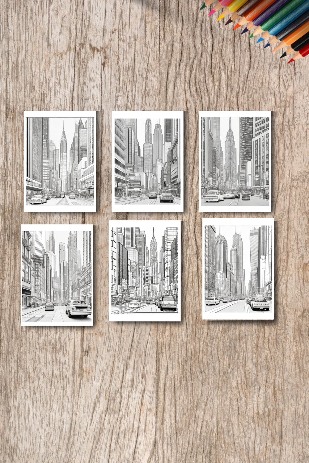 A cityscape with skyscrapers and a busy street scene coloring 3 pinterest preview image.