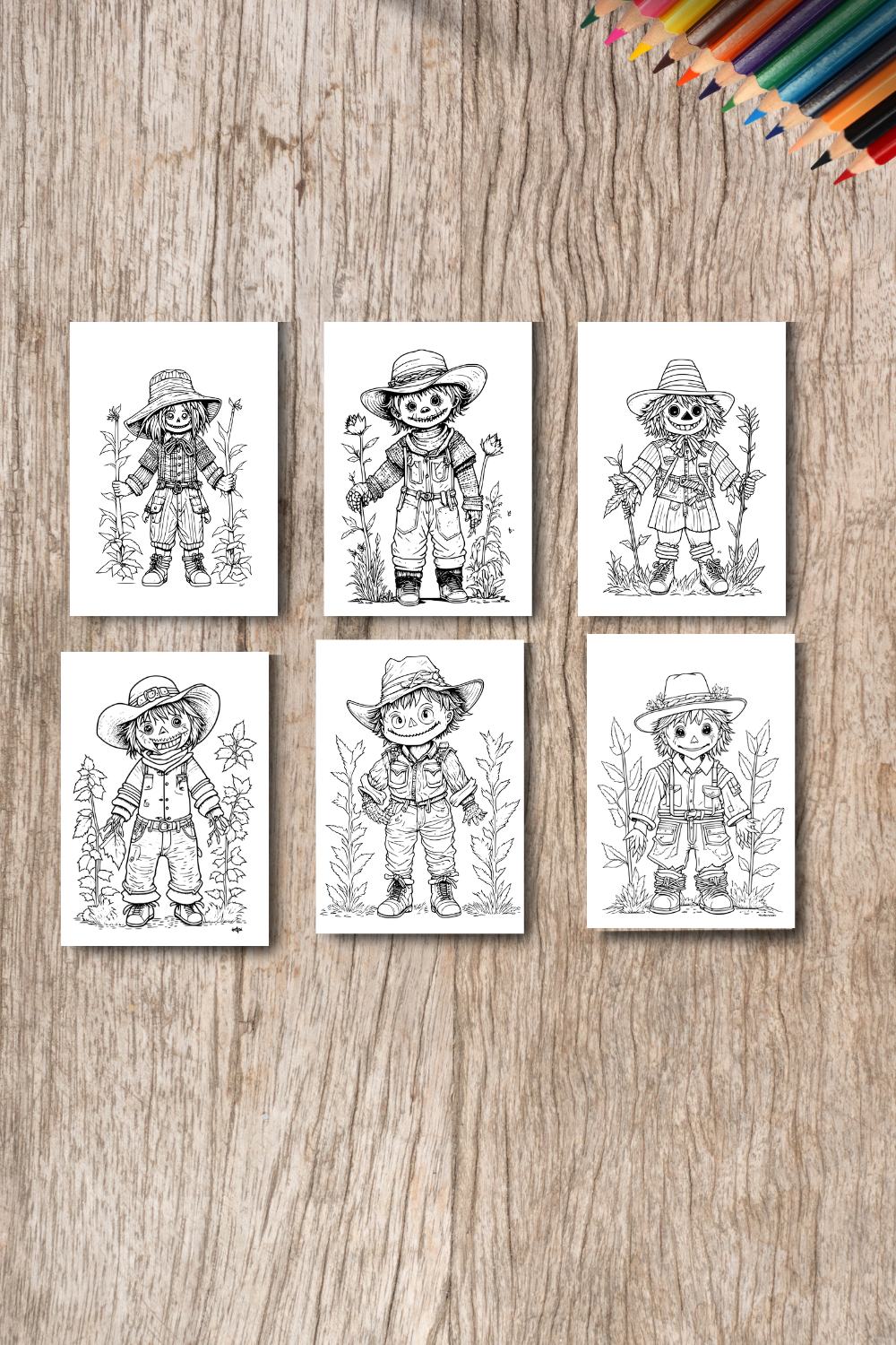 coloring pages bundle for adults,A illustration of cute scarecrow character horror and creepy pinterest preview image.