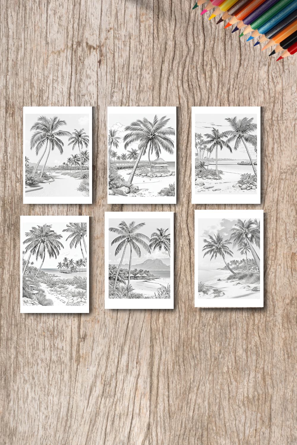 A tropical island with palm trees and a beach coloring page bundle pinterest preview image.