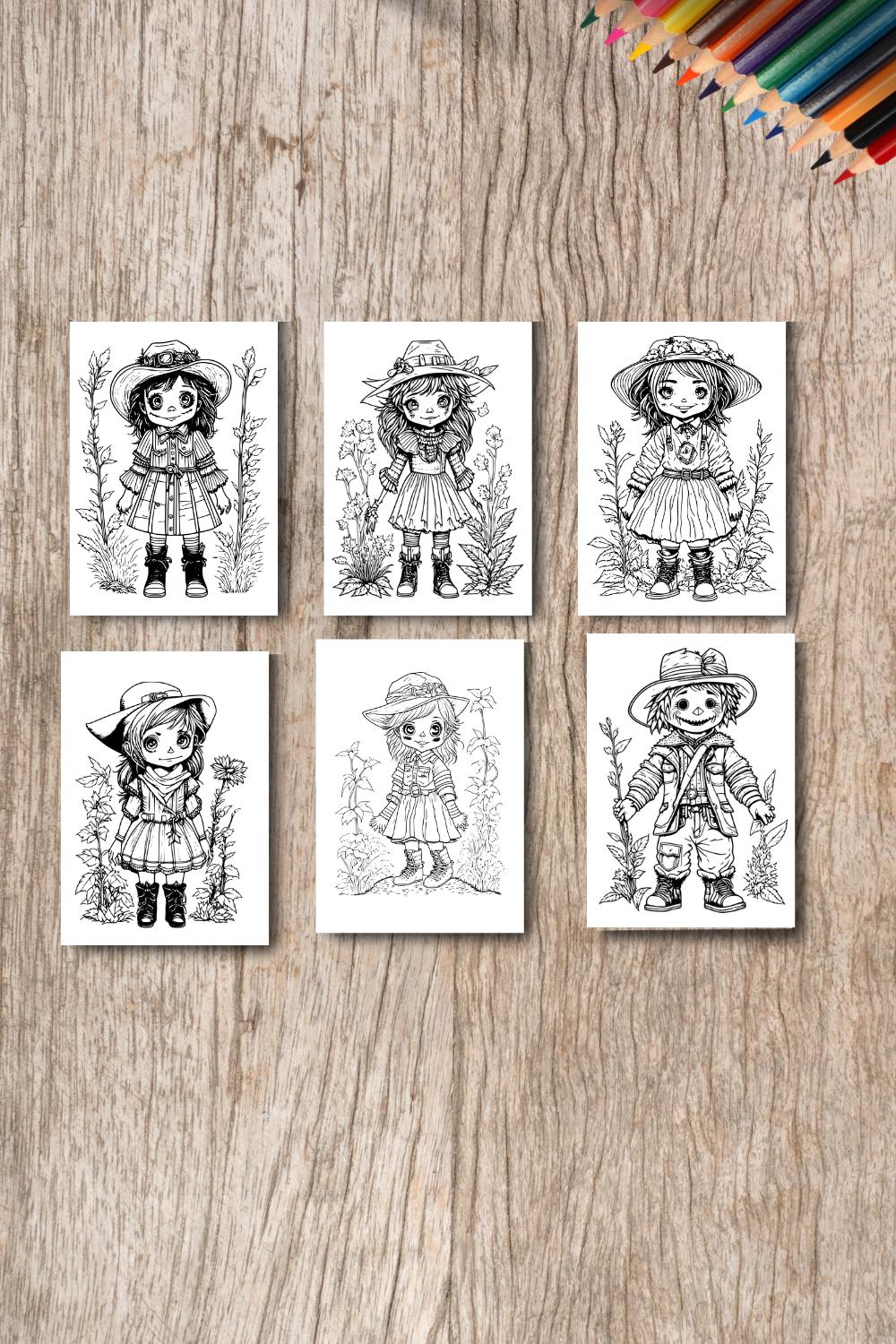 coloring pages bundle for adults,A illustration of cute scarecrow character horror and creepy pinterest preview image.