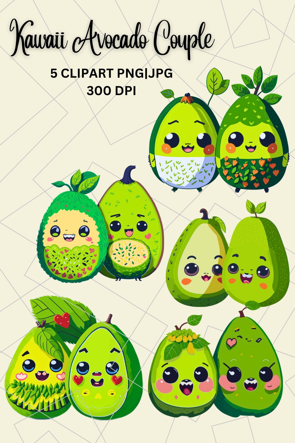 Cute Kawaii Avocado Couple Sublimation Clipart pinterest preview image.