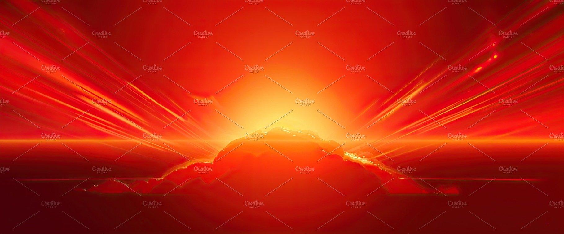 Hot sunset with a red sun on the background in the summer. Generative AI cover image.