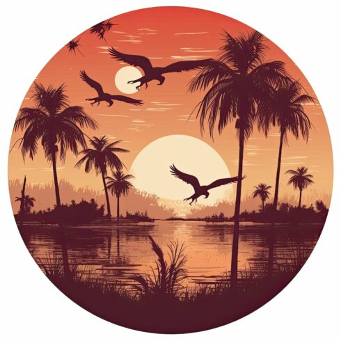 Orange sunset landscape in a circle. Evening on the beach with palm trees. ... cover image.