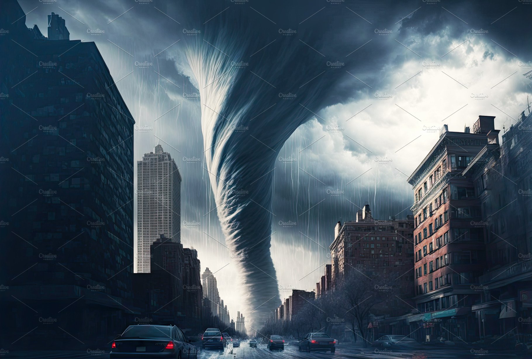 Painting of a dramatic tornado in the middle of the city. Genera cover image.