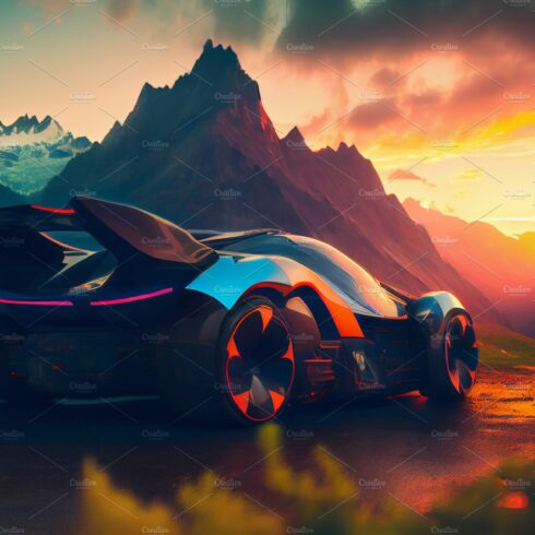 futuristic car driving in mountains at sunset cover image.