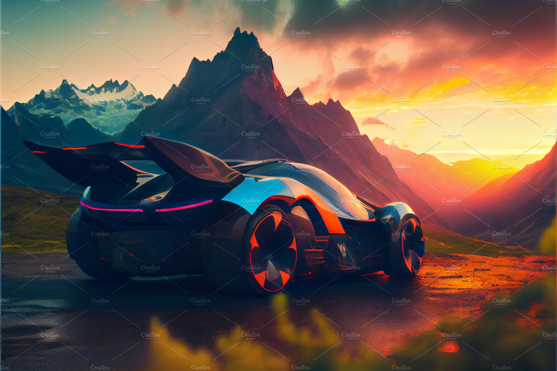 Sports Car In A Futuristic Mountain Sunset Wallpaper 8K