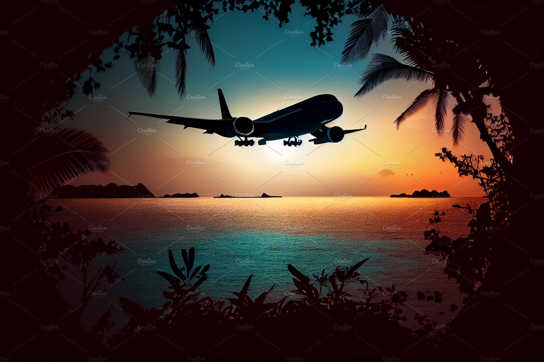 Airplane flying above tropical sea at sunset cover image.