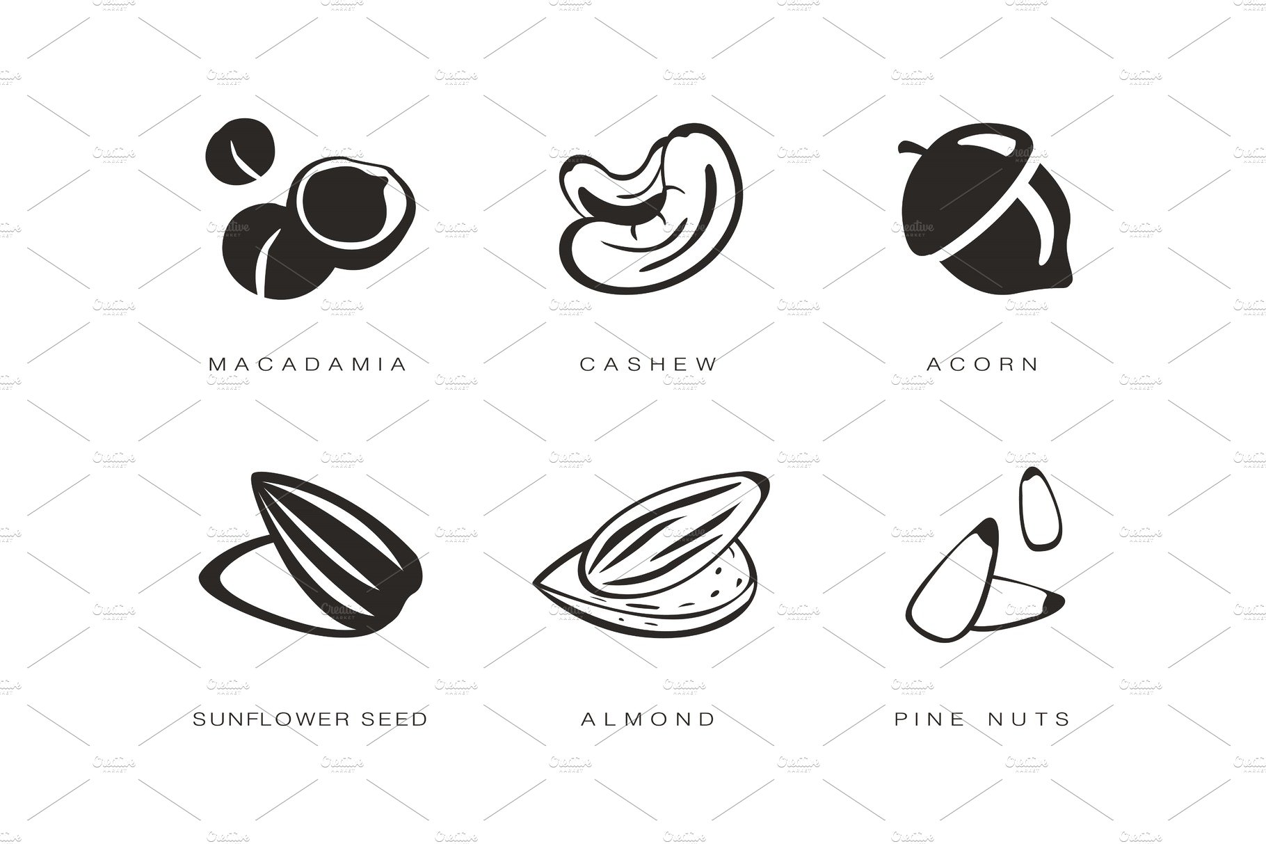 Nuts and seeds icons set, macadamia cover image.