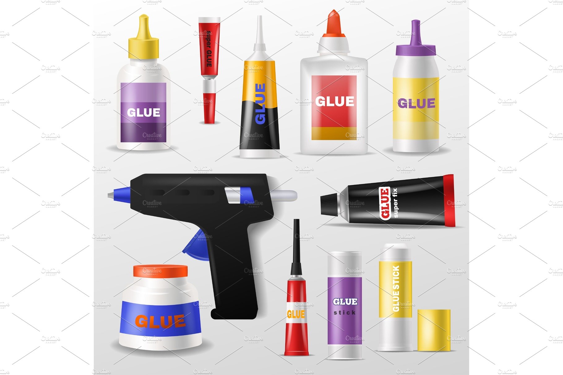 Glue vector gluestick and gluely liquid in bottle or plastic tube for gluei…