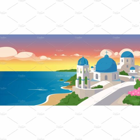 Santorini islands flat illustration cover image.