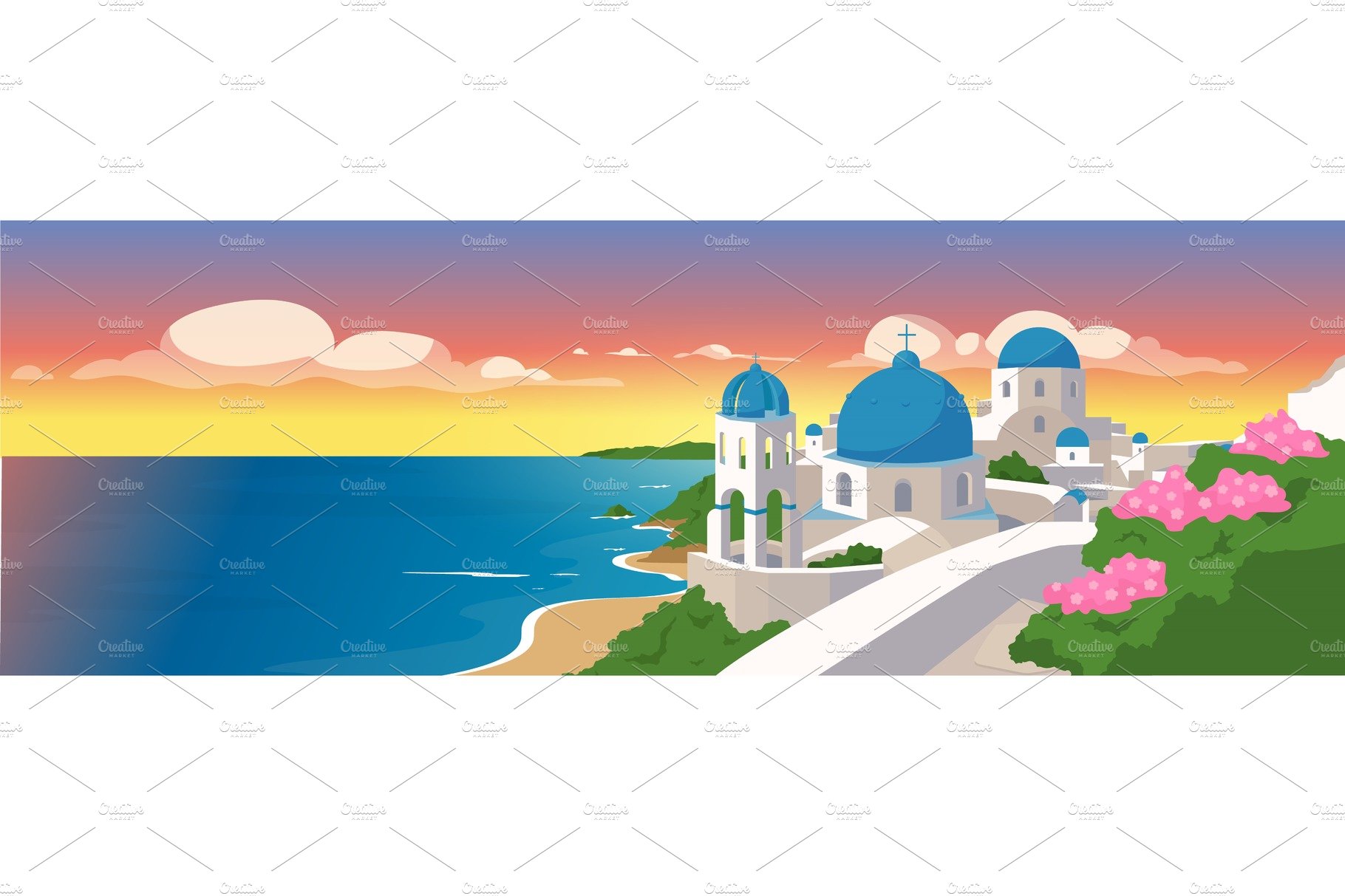 Santorini islands flat illustration cover image.