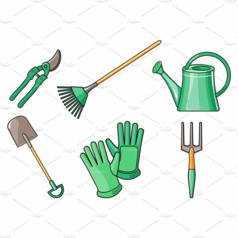 Gardening tools icons set, pruner cover image.