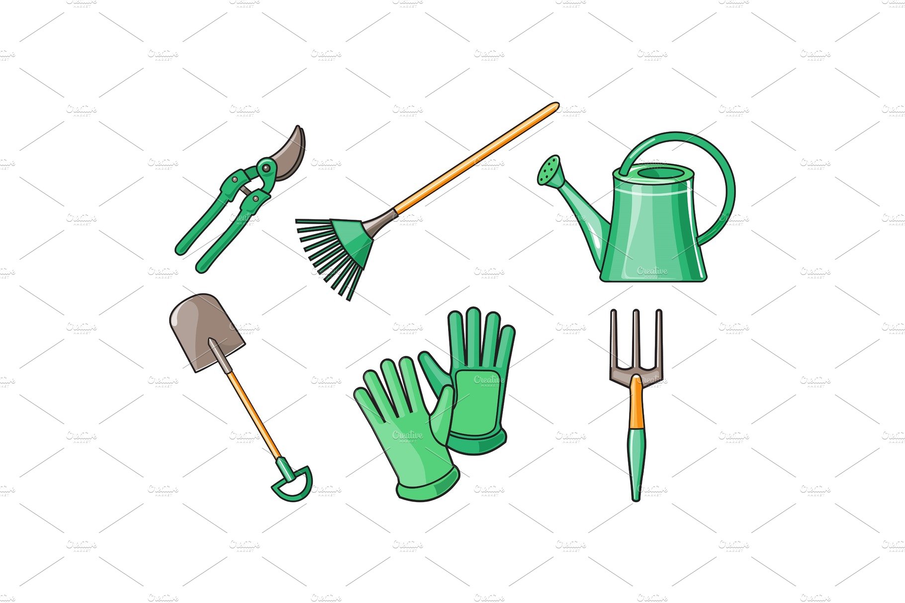 Gardening tools icons set, pruner cover image.