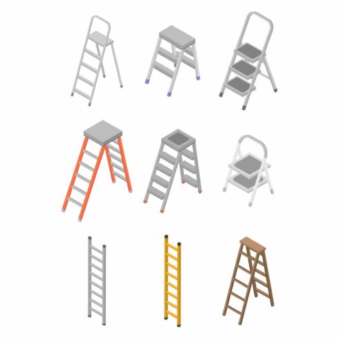 Ladder icons set, isometric style cover image.