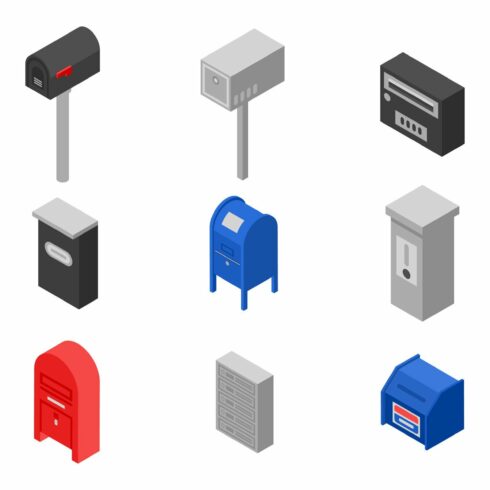 Mailbox icons set, isometric style cover image.