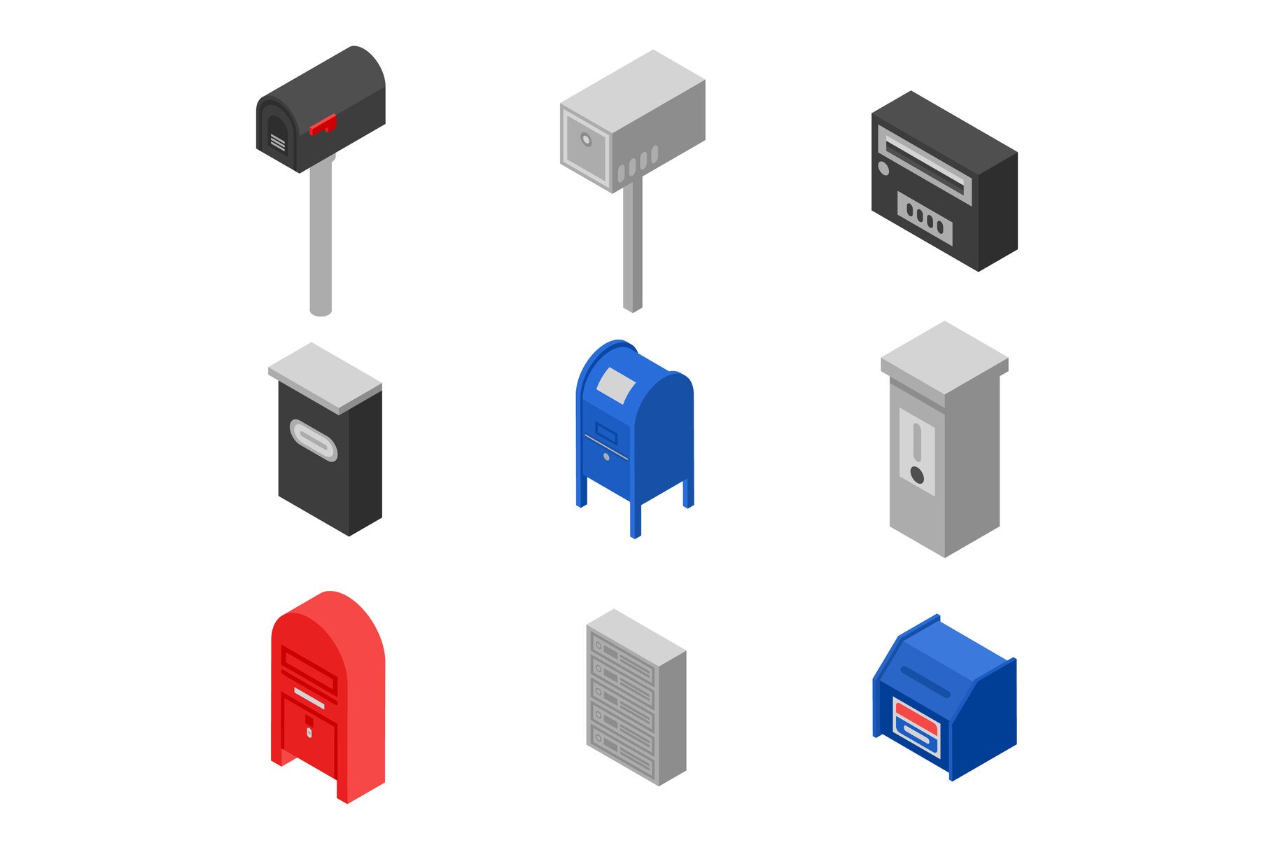 Mailbox icons set, isometric style cover image.