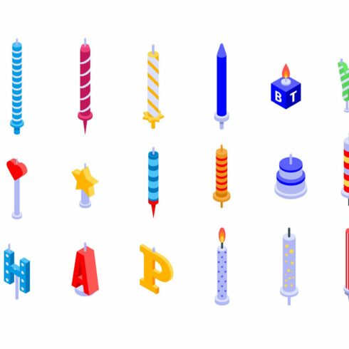 Birthday candle icons set, isometric cover image.