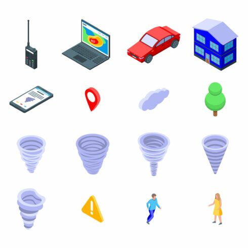 Tornado icons set, isometric style cover image.