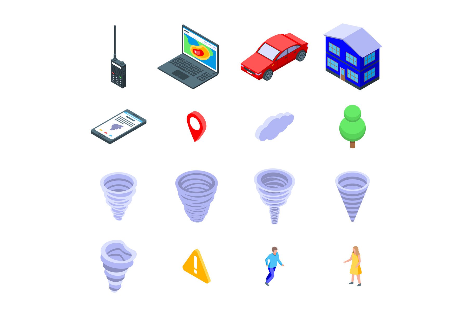 Tornado icons set, isometric style cover image.
