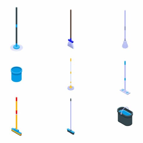 Mop icons set, isometric style cover image.