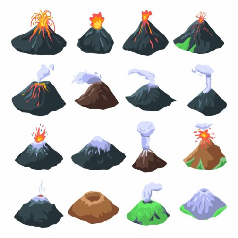 Volcano icons set, isometric style cover image.