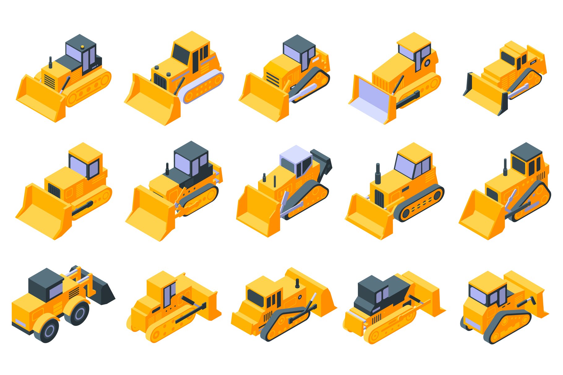 Bulldozer icons set, isometric style cover image.