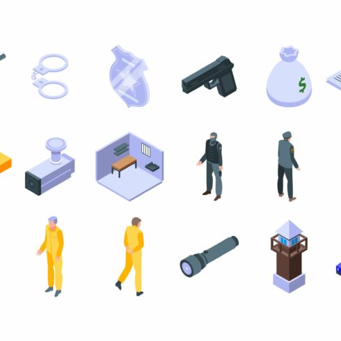 Prison icons set, isometric style cover image.