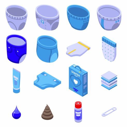 Diaper icons set, isometric style cover image.