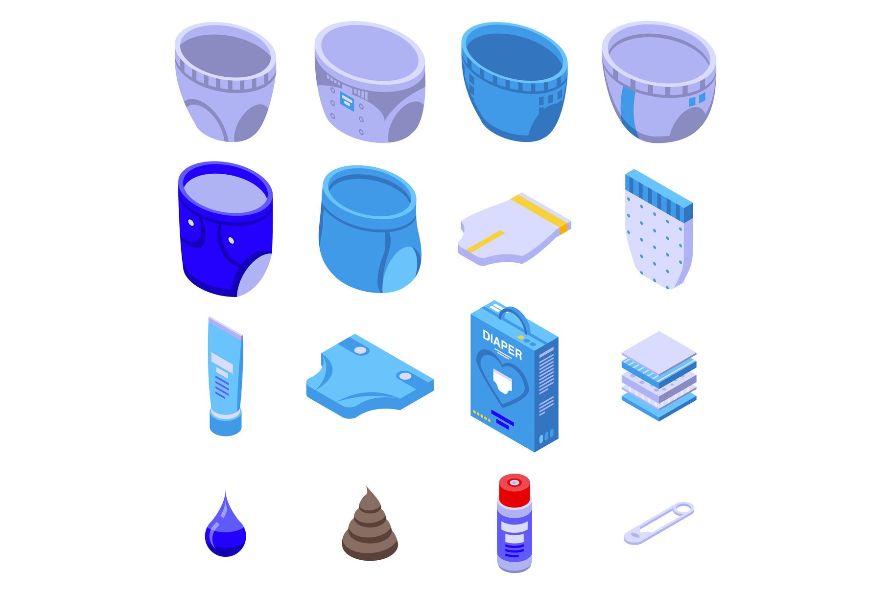 Diaper icons set, isometric style cover image.