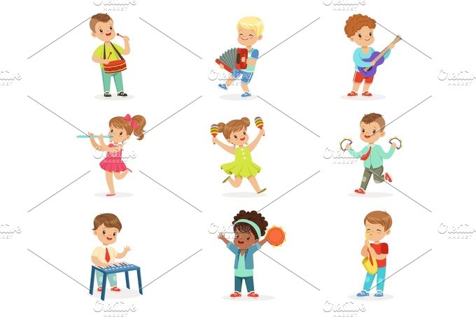 Cute children dancing and playing musical instruments, set for label design... cover image.