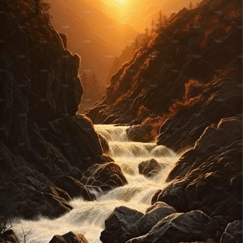 Beautiful vertical landscape with tall mountains, waterfall and a river. Ge... cover image.