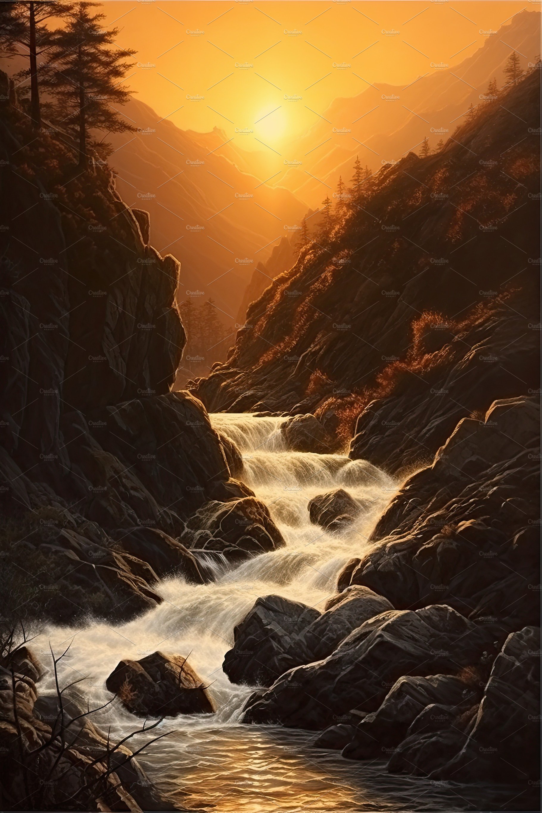 Beautiful vertical landscape with tall mountains, waterfall and a river. Ge... cover image.