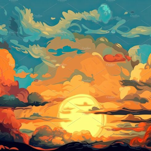 Illustrated sky with clouds, sun, stars, and sunrise or sunset. cover image.