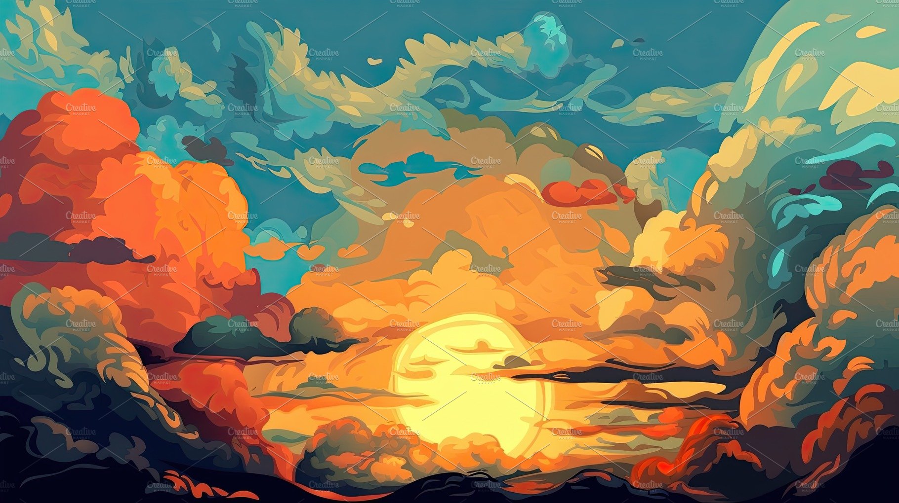 Illustrated sky with clouds, sun, stars, and sunrise or sunset. cover image.