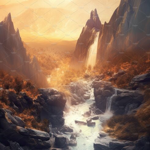 Beautiful vertical landscape with tall mountains, waterfall and a river. Ge... cover image.