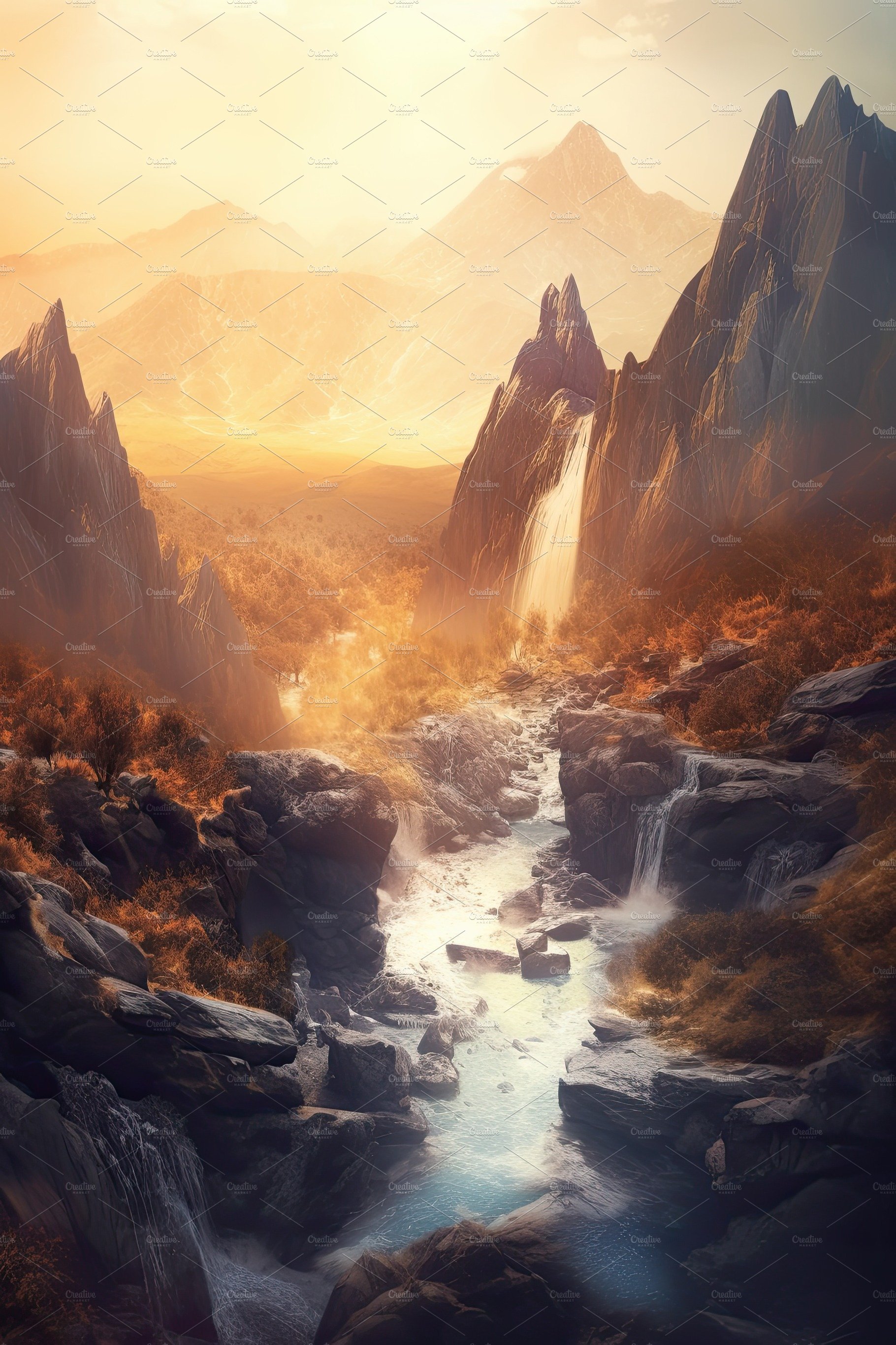 Beautiful vertical landscape with tall mountains, waterfall and a river. Ge... cover image.