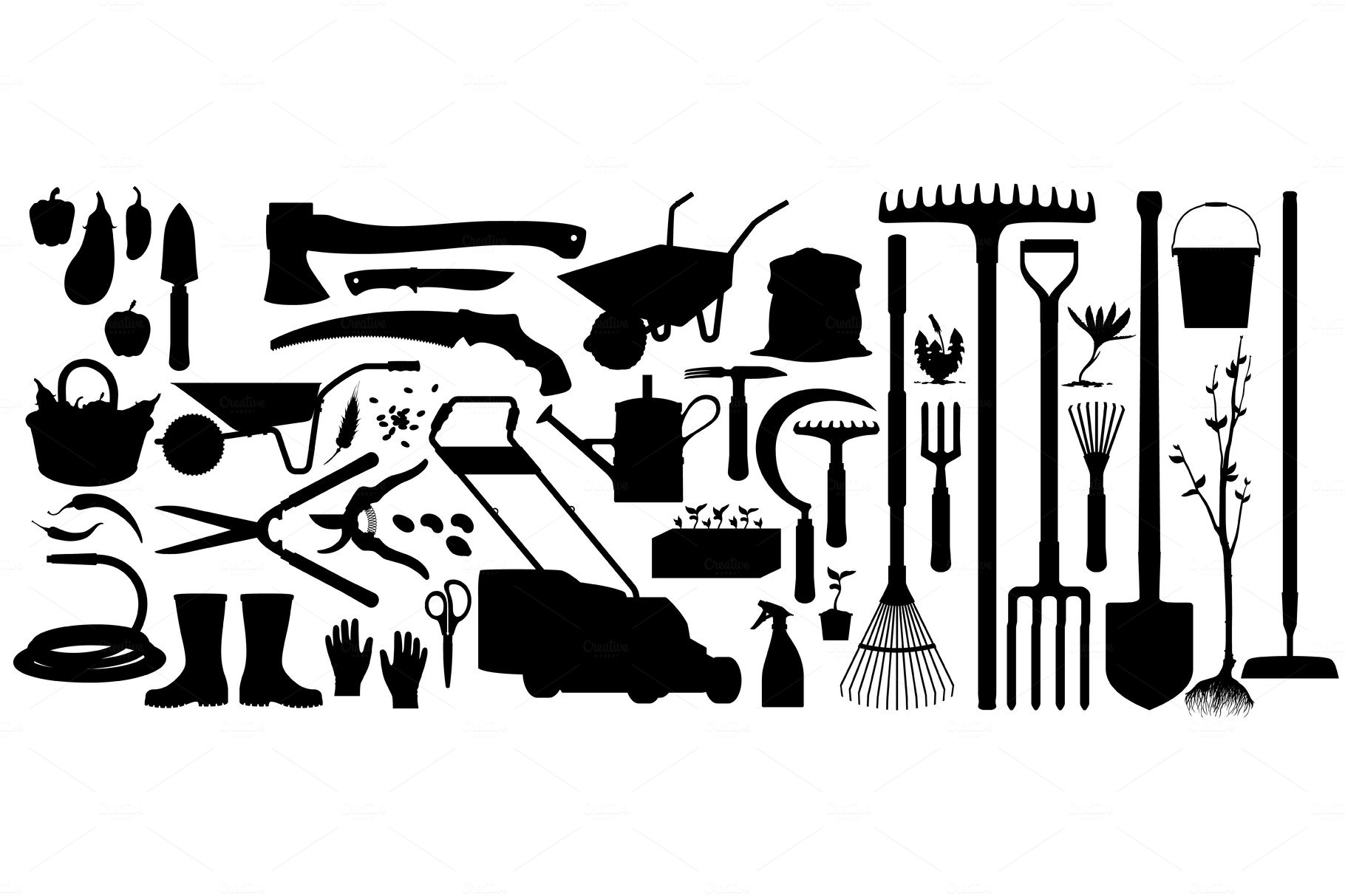 Gardening tools black silhouettes cover image.
