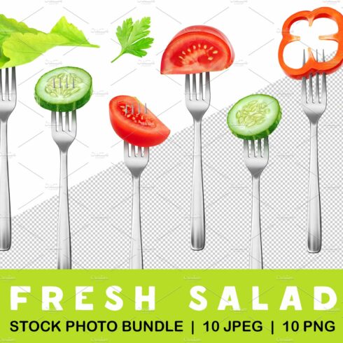 Cut salad vegetables on forks cover image.