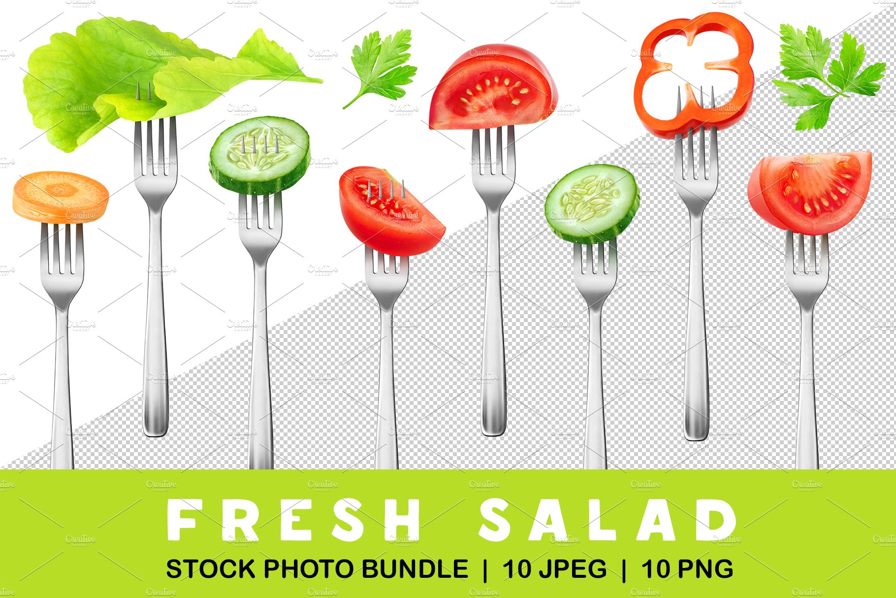 Cut salad vegetables on forks cover image.