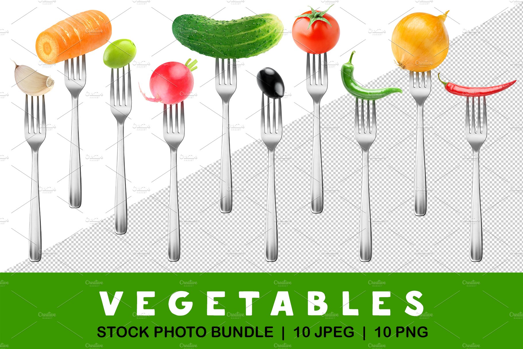 Fresh vegetables on forks cover image.