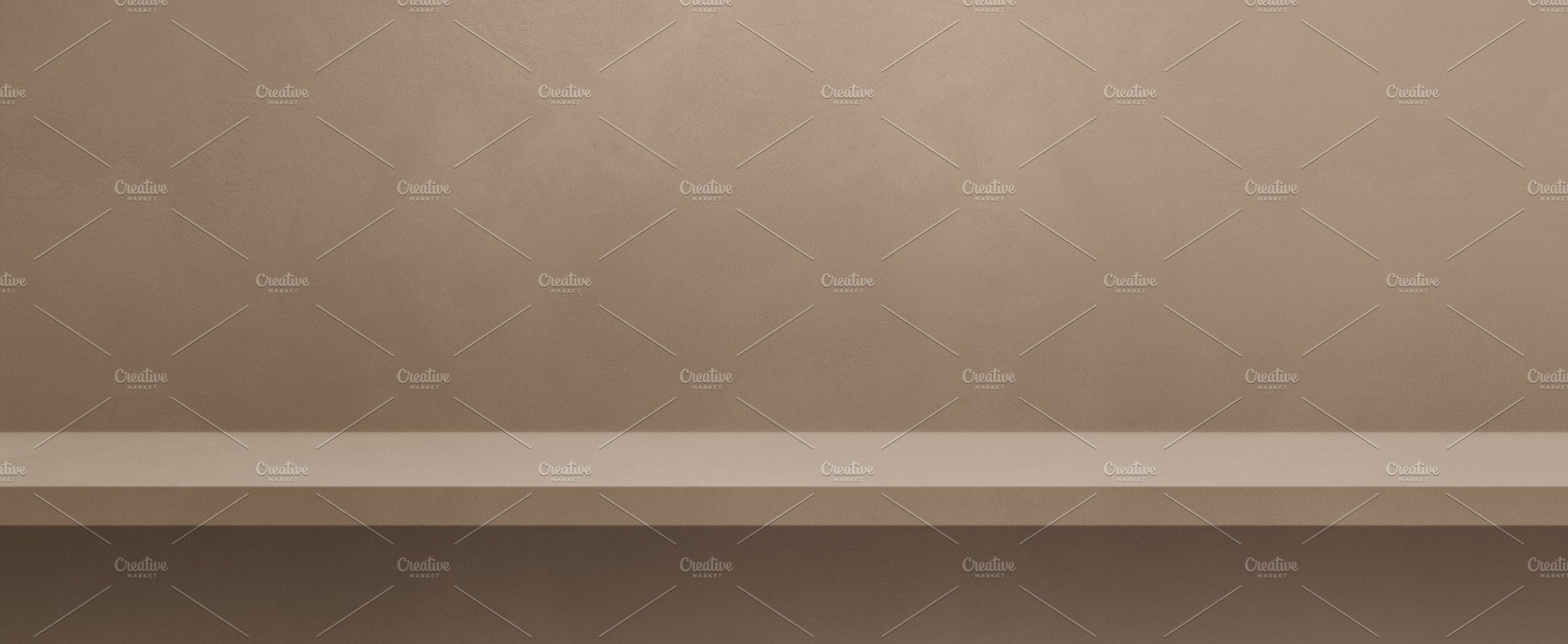 Empty shelf on a beige wall. Background template. Horizontal ban cover image.