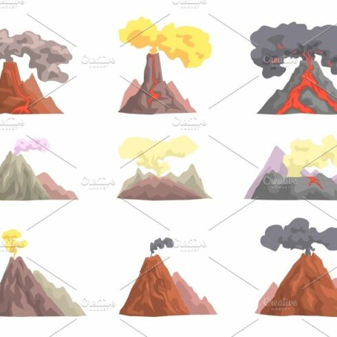 Volcano eruption set, volcanic magma blowing up, lava flowing down cartoon ... cover image.