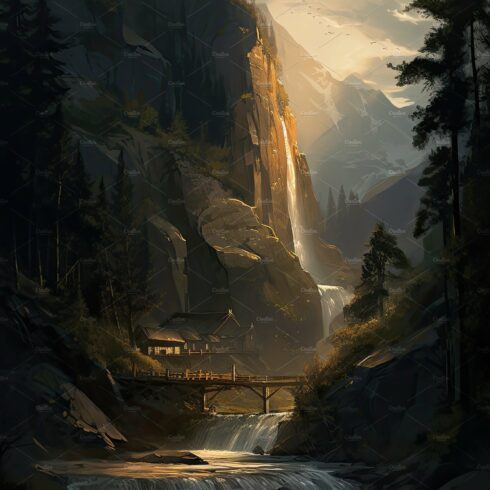 Beautiful vertical landscape with tall mountains, waterfall and a river. Ge... cover image.