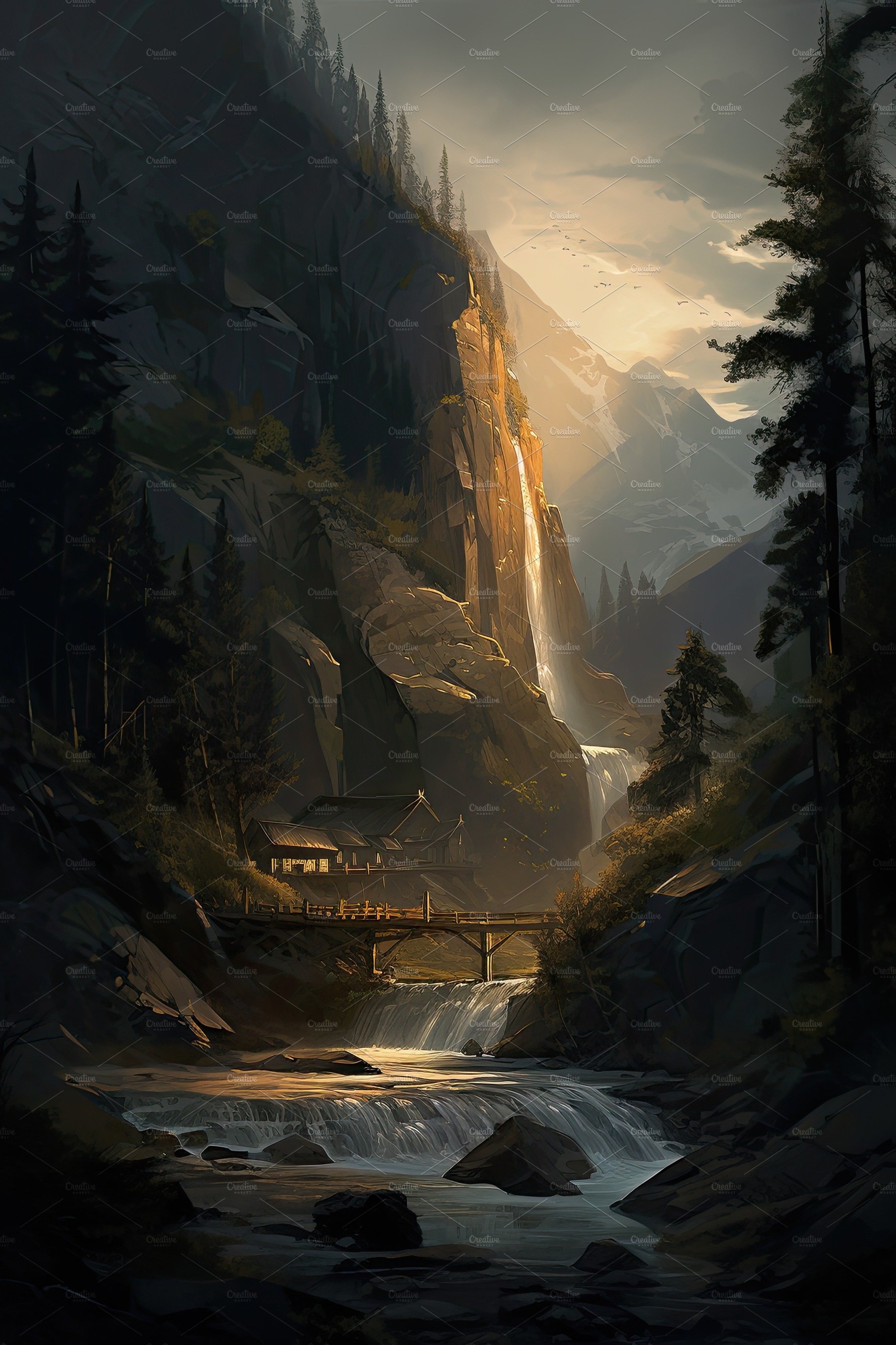 Beautiful vertical landscape with tall mountains, waterfall and a river. Ge... cover image.