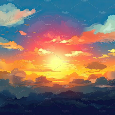 Illustrated sky with clouds, sun, stars, and sunrise or sunset. cover image.