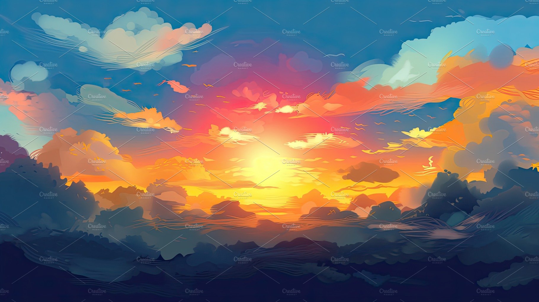 Illustrated sky with clouds, sun, stars, and sunrise or sunset. cover image.