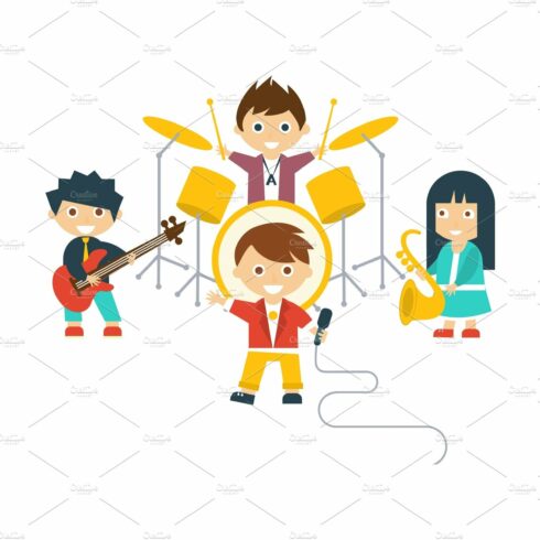 Music kids band, children playing cover image.