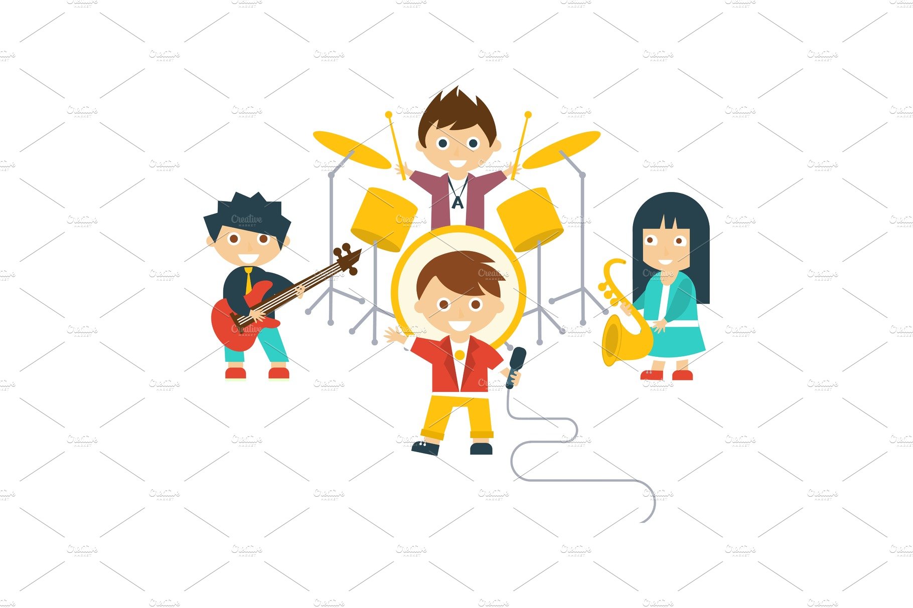 Music kids band, children playing cover image.