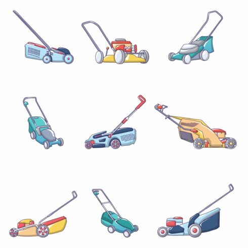 Lawnmower grass garden icons set cover image.
