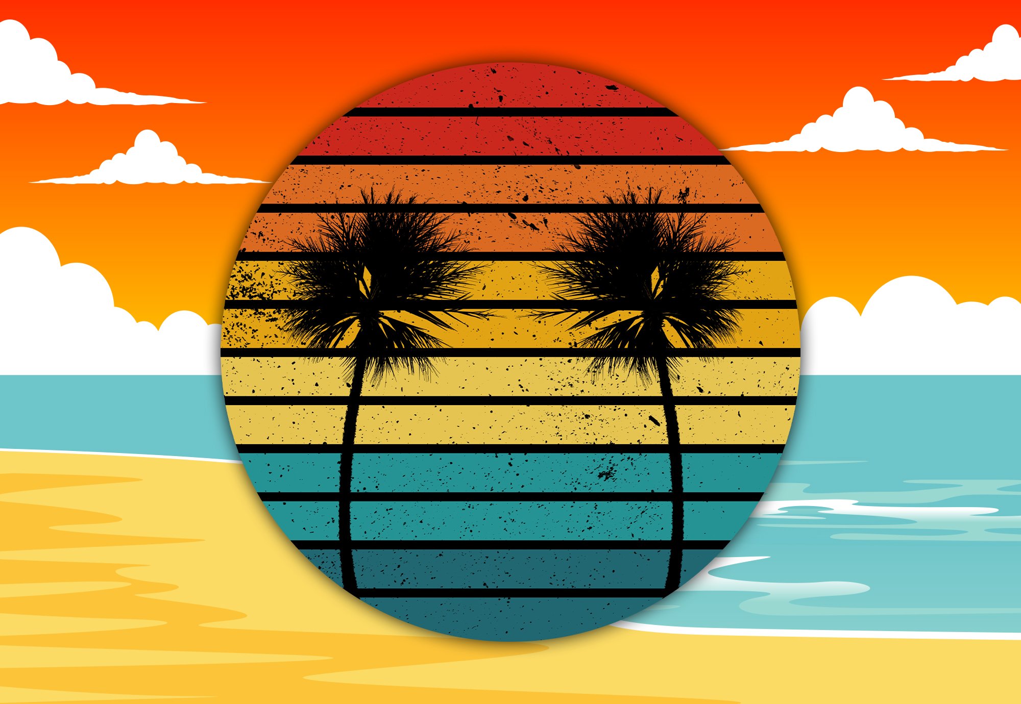 Vintage circle beach sunset clipart cover image.